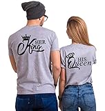 Couple T-Shirt Her Queen His King Partner-T-Shirt Damen und Herren Couple-Shirt Geschenk für Verliebte 1 Stück (Grau-Queen, M)