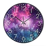 SWECOMZE Wanduhr Lautlos, 25cm, Kinderwanduhr, Zifferblatt mit Galaxie Sterne Weltraum Sternenhimmel, 10 Zoll Kinder Wanduhr Deko für Wohnzimmer Kinderzimmer (036)