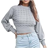 AFFGEQA Strickpulli Damen Einfarbig Rundhals Laterne Ärmel Hohl Schlank Langarm Strick Kurzer Pullover Jacke Übergangsjacke Steppsw