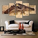 PYRO Leinwand Wandkunst, 5 StüCk Poster Revolverpistole Alte Weltkarte Rustikal Autoplakat Malerei Hd öLgemäLde Kunst Rahmen Auf Leinwand Wandbilder for Wohnzimmer Hauptdekoration 100x55