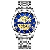 JTTM Herren Uhren Automatikuhr Mechanische Skelett Glasboden Römische Zahlen Diamant Zifferblatt Wasserdicht Schwarz Männer Armbanduhr mit Edelstahl Armband,Silver B