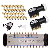 2X Quattro LNB Schwarz + Multischalter pmse 9/12 HB-DIGITAL 9X SAT bis 12 x Teilnehmer / Receiver für Full HDTV 3D 4K UHD mit Netzteil + 35 Vergoldete F-Stecker G