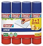tesa Stick ecoLogo - Geruchsneutraler Klebestift für Papier und Pappe - Lösungsmittelfrei und Umweltschonend - 4 x 20 g