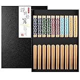 MELLIEX 10 Paar Essstäbchen Japanisch Bambus Chopsticks Wiederverwendbar Waschbar Eßstäbchen Set mit Schwarzer Geschenkbox für Asiatisches Geschirr, Kirschblü
