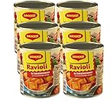 MAGGI Ravioli in Tomatensauce, Teigtaschen gefüllt mit würzigem Fleisch, in fruchtiger Sauce, leckeres Fertiggericht, ideal für Camping, 6er Pack (6 x 800 g)