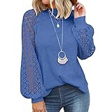 SHITOUJI Damen Langarmshirt Tops Spitze Lose Langarm Bluse Oberteile Elegant Laternenärmel Shirts Waffel Strick Rundhals Damenblusen Pullover Sw