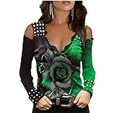 WAQD Damen T-Shirts Slim Fit Tshirt Sexy Bluse Cold Shoulder Basic Shirt Drucken Blusen Pailletten Spitzenspleißen V-Ausschnitt Tops Kurzarm Tee Mode Tunika Teenager Mädchen Kalte Schulter B