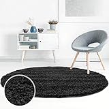 Hochflor Teppich Shaggy Einfarbig Schwarz - 160x160 cm Rund - Flauschig & Weich - Wohnzimmerteppiche - Langflorteppich Schlafzimmer Uni M