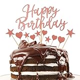 JI Happy Birthday Tortendeko, Tortendeko Geburtstag, Kuchen deko, Cake Topper Girlande Herze Sternen Cake-Topper Kuchen Aufsätze für Mädchen Frauen (Rose Gold)
