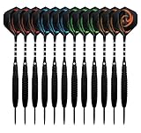 KOHMUI Dartpfeile, 12 Stück Steel Darts Pfeile Set, 23 Gramm Profi Steeldarts mit Metallspitze, Schwarz rutschfeste Eisenfass, Aluminium Schaft, 40 Flights, 24 Anti-lose Gummiringe, Dartpfeil Sp