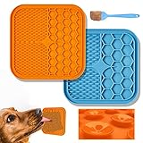 Huarumei Leckmatte Hund Schleckmatte, 2 Stück mit Silikonspate Hund Gross lenkmatte Hunde Zubehör Super Starke Saugkraft Slow Feeder für Hund Baden Trainieren Fellpflege Krallenpflege, Blau&Orang