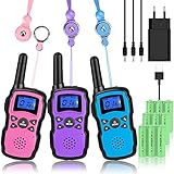 Wishouse Walkie Talkie Kinder 3er Set Aufladbar Akku mit USB Ladegeraet 3X3000mAh Batterie Lampe,Erwachsene Funkgeräte Walki Talki 3 Stueck Camping Spielzeuge Geschenke Fuer Familie Rosa Violett B