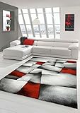 Designer Teppich Moderner Teppich Wohnzimmer Teppich Kurzflor Teppich mit Konturenschnitt Karo Muster Rot Grau Weiß Schwarz Größe 120x170