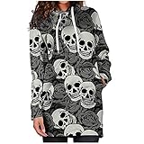 Kleid Damen, Sexy Kleid Damen, Kleid Damen Elegant, Frauen Kapuzen Langarm Hoodie Sweatshirt Tasche Totenkopf Blumendruck Kleider Mit Taschen und Kordelzug