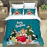 Bettbezug 200x200cm 3D Druck Weihnachtsthema Bettwäsche Set 3 Teilig für Erwachsene Kinder Weiche Mikrofaser Blau Bettbezüge mit Reißverschluss und 2 Kissenbezug 80x80