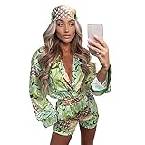 Damen 3 Stück Floral Printed Outfits Button Down Langarm Bluse Top + High Waist Shorts + Kopf Kopftuch Set, grün, 36