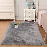 Geling Faux Lammfell Schaffell Teppich Grau Long-Hair in Super Weich Lammfellimitat Matten, Wohnzimmer Schlafzimmer Kinderzimmer, Als Faux Bett-Vorleger Oder Matte Für Stuhl Sofa,D,50x80