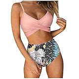2 bedruckte Badeanzüge mit hoher Taille und Blumenstring, Damen-Badeanzug, Tankinis-Set, rose, L