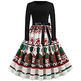 Adamoka Damen Weihnachten Kleid Langarm Hepburn-Stil Xmas Kleider Vintage Süß Cartoon Rentier Schneemann Muster Weihnachten Partykleid Swing Kleid Empire A-Linie Kleid Xmas Kleid C