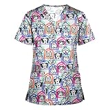 STPT Damen V-Ausschnitt Schlupfhemd Kasack mit Motiv Bedruckt Kurzarm T-Shirts Tops Arbeitsuniform Weihnachts Thanksgiving Bluse Schlupfkasack mit T