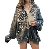 Yokbeer Frauen Y2K Vintage Oversized Zip Up Hoodie Sweatshirt Schmetterling Print Gothic Grunge Ästhetische Hoodie Jacke 90er Streetwear (Color : Gray, Size : XL)