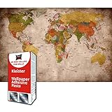 GREAT ART Fototapete Weltkarte Vintage Look 210 x 140 cm – Atlas Retro Stil Globus Kontinente Old School Geografie Dekoration Wanddeko Bildtapete – 5 Teile Tapete ink