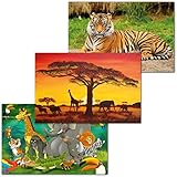 GREAT ART® Set mit 3 Kinder-Poster – Jungle Animals – Junge Mädchen Kindergarten Comicstyle Safari Zimmer Foto-Plakat Dekor Wand-Bild Inneneinrichtung (Din A2 - 42 x 59,4)