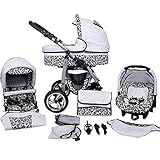 Kinderwagen 3in1 Megaset alles in einem Isofix Dino by ChillyKids Weiß & Schneeleopard 2in1 ohne Baby