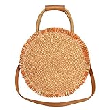 So'each Damen Handtasche Kreis Geflecht Rattan Stroh Tote Bag Schultertasche, Orange, M