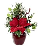Gesteck Weihnachtsstern auf Apfel-Topf Poinsettie Kunstblume Weihnachtsblume Winterblume Blume Pflanze Arrangement Weihnachtsdeko Tischdek