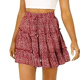 Damen Minirock Faltenrock mit Blumenmuster,A-line Einfarbig Kurz Röcke Hoch Taille Kordelzug Geschichteten Rüschen Undurchsichtig Rüschen, hohe Taille, Boho A-Line Plissee Skater Minirock Blumendruck