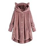 LRWEY Damen Knopf Mantel Solide Tops Kapuzenpullover Lose Sweater Bluse für Frauen Plus Size Jacke Katzenohren Kapuzenmantel, Pink B, 36