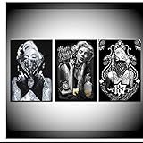 JLFDHR Leinwanddruck 3x50x70cm ohne Rahmen Tattoo Marilyn Monroe Kunstdrucke Schwarz Weiß Pop Art Poster Sexy Porträt für Home Office Dek