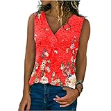 DOMBX Damen Übergröße Blumendruck Boho Hawaii Vintage Weste Cami-Shirts Tanktop Frauen Große Größe Sommer Tiefer V-Ausschnitt Baumwolle Polyester Patchwork Lose Coole Lässig Tunika Crop Bluse T-S