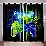 Game Curtains for Bedroom W46 x L54 Gamer Video Game Room Blackout Curtain Boys Teens Kids Gaming Thermal Insulated Window Drapes Blue Green Neon Gamepad Window Treatment S