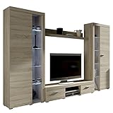 Wohnwand Rango XL, Modernes Wohnzimmer Set, Design Anbauwand, Schrankwand, Mediawand, Vitrine, TV Lowboard, (Sonoma Eiche, mit weißer LED Beleuchtung)