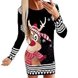 EMATOP Weihnachtskleid Damen Strickkleid Rundhals Kleid Langer Pulloverkleid Lässiges Mode Kleider Pullover Frauen Pullikleid Wickelkleid Weihnachtsmann Muster Herbstkleid für Freizeit Party