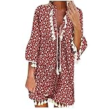 Damen Kleider Strand Elegant Casual A-Linie Kleid Quaste Spitze Langarm Sommerkleider Boho V-Ausschnitt Quaste Tunika Mini Kleider Vintage Minikleid Strandk