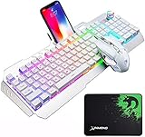 UrChoiceLtd Tastatur Maus Bunte Regenbogen-LED Backlit Usb Gaming Tastatur Mit Einem Telefonstand Und Feuerzeug Stand + 2000DPI Spiel Maus Sets +Gaming Mausunterlage Für Laptop Computer (Weißes Grau)