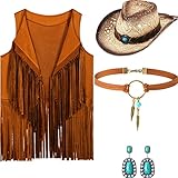 Damen Fransen Weste Falsch Wildleder Quasten Western Cowboy Hut mit Halskette und Ohrringen Cowgirl Hut Hippie Kostüm Damen Western Hippie Weste Damen Oberbekleidung Westen (Größe L)