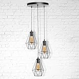 bomoe Pendelleuchte 3-flammig Lykta E27 Rund Hängeleuchte max. 60 Watt schwarz – Käfiglampe Metall Esszimmerlampe Lampe Retro, Vintage Deckenlampe Esstisch ohne Leuchtmittel höhenverstellb