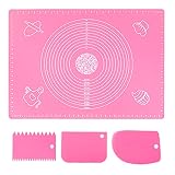 70x50cm Backunterlage Antihafte Backmatte, rutschfeste Silikon Groß Teigunterlage Ausrollmatte Silikonmatte Fondant Pizza Teigmatte Fondant Matte mit Messungen, Baking Mat mit Teigschneider(Rosa)