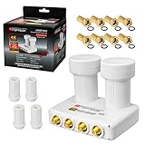 QUAD Monoblock LNB 0,1dB Doppel LNC HB DIGITAL SET 4 Teilnehmer Direkt 2 Sat Astra 19,2° Hotbird 13° FULL HD TV 3D Ultra HD 4K + 4 x Gummitülle + 8 x F-Stecker vergoldet GRATIS