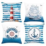 Bonhause 4er Set Kissenbezüge 45 x 45 cm Nautische Leuchtturm Segelboot Anker Samt Soft Dekorative Blau Segeln Kissenhülle Zierkissenbezüge für Sofa Schlafzimmer Wohnzimmer Auto Zuhause Dek
