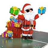 LIMAH® Pop-Up 3D Grußkarte / Hochwertige Weihnachtskarte /X-Mas Karte zu Weihnachten / in Grün/ Motiv Cooler Weihnachtsmann mit Sonnenbrille und einem Geschenkesack