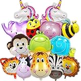 Balloono 14x Folienballons mit Tieren - Kindergeburtstag Deko für Jungen & Mädchen - Helium Ballons, viele Bunte Tiere - Luftballons Schweben mit Helium - Einfaches Befü