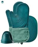 EUNA 5er Silikon Ofenhandschuhe Set mit Topfuntersetzer und kleine Topfgriff, Topfhandschuh hitzebeständig bis 300°C, Kochhandschuhe rutschfest für Küche und Backen als Geshenk, Grün & Blaugrü