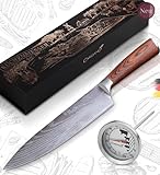 Caridano® Messerset - Fleischmesser inkl. Bratenthermometer - Kochmesser mit ergonomischem Holzgriff aus Pakka Holz - Küchenmesser aus hochwertigem MOV Stahl mit Damast Lasermuster - Knife S