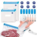Sous-Vide-Beutel set, 30 Wiederverwendbare Vakuumbeutel mit Elektrischer Pumpe, 6 Dichtungsklammern, 6 Luftventilaufklebern, Gesamt 48 Vakuumiergerät ideal für die Aufbewahrung von Leb
