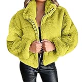 Kobay Damen Langarm Herbst Winter Casual Mantel Oberteile Elegant Langarmshirt Frauen Einfarbig Reißverschluss Strickjacke Plüsch Warme Kurze Jacke Mantel(Grün, 3XL)